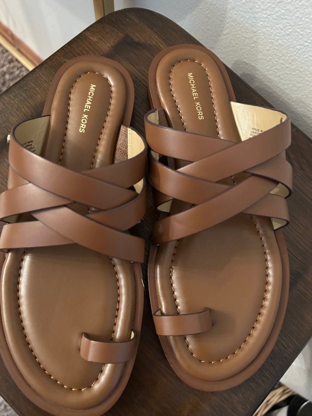 Michael Kors Tan Brown Leather Crossover Slide Sandals